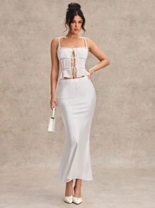 SHEIN BAE Conjunto de 2 peças feminino, sólido, branco, imitação de linho, renda, patchwork, camisola, amarração, saia sereia super longa e justa, traje para o dia dos namorados, conjunto de 2 peças para festa, conjunto de 2 peças para encontro romântico, conjunto de 2 peças para minivestido de madrinha, conjunto de 2 peças para vestido de baile, conjunto de 2 peças para deslocamento diário, conjunto de 2 peças de renda branca, conjunto de 2 peças para minivestido de aniversário - Branco - Ver 4