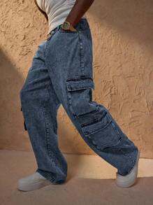 Forever 21 Men's Stonewashed Straight Leg Cargo Jeans With Utility Flap Pockets, Autumn And Winter Pants - Royal Blue - View 3