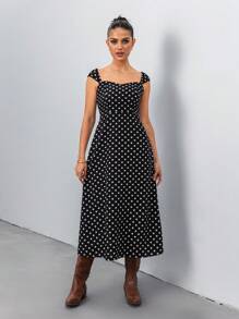 Calvaya Vestido casual minimalista de mujer con estampado de lunares blancos y negros, para primavera/verano