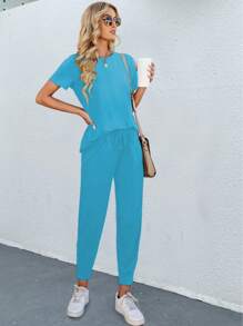 SHEIN LUNE 女式平纹针织休闲度假抽绳短袖上衣和裤子套装，轻便，两件套 - 淺藍色 - 查看 6