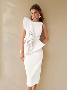 MOTF PREMIUM EXAGGERATE RUFFLE TRIM DRESS WOMEN MIDI DRESSES ELEGANT ELEGANT - White - View 4