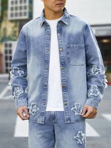 Manfinity Homme Plus Size Men's Front Button Long Sleeve Casual Jacket And Denim Pants Set, Emo Style, Fall Clothes - Blue - View 7