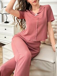 女士休闲针织星形罗纹提花领短袖上衣和长裤睡衣套装 - 藕粉色 - 查看 4