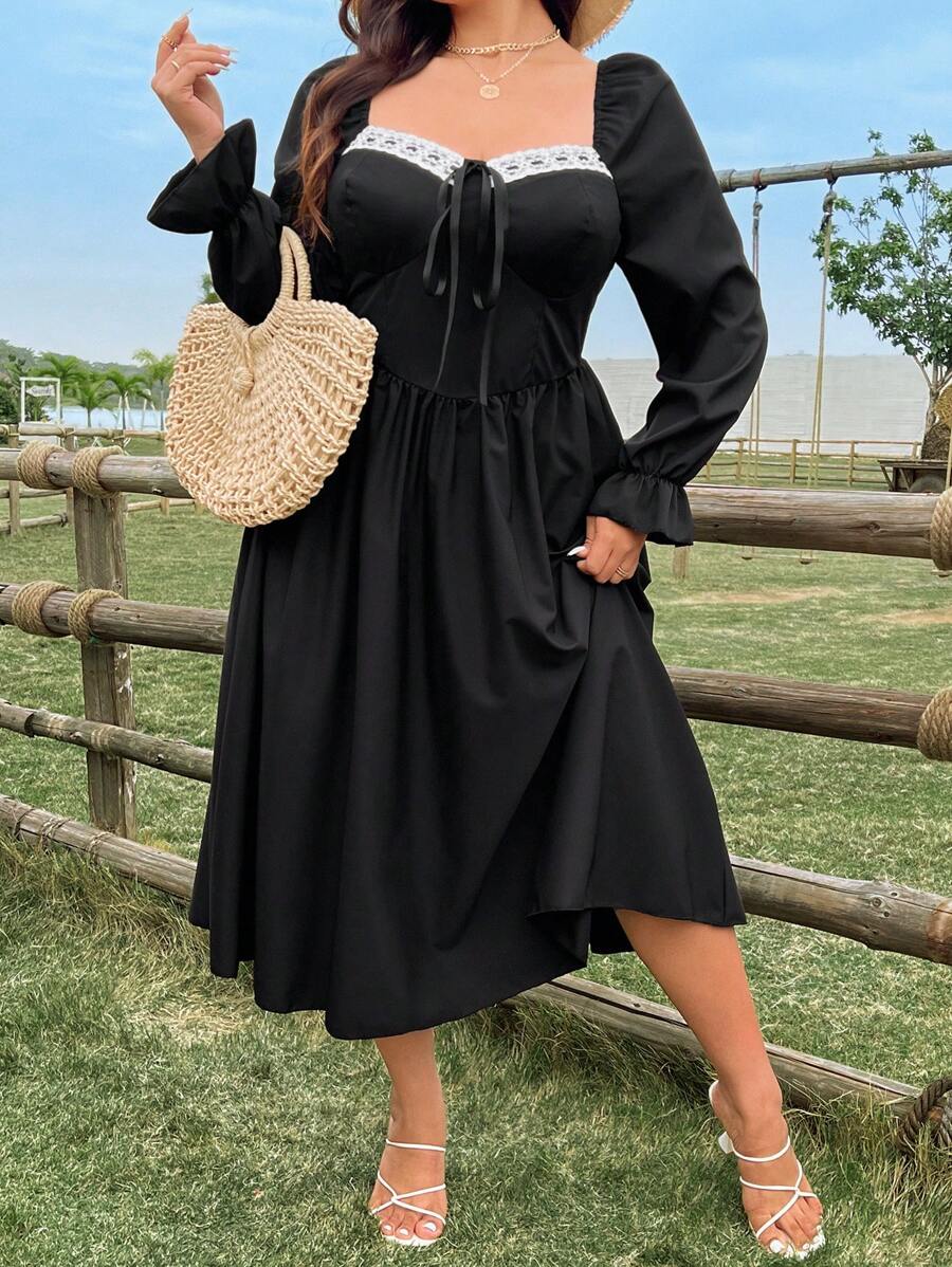 SHEIN Clasi Robe mi-longue princesse à manches bouffantes et taille marquée, tailles grandes - Noir - Voir 1