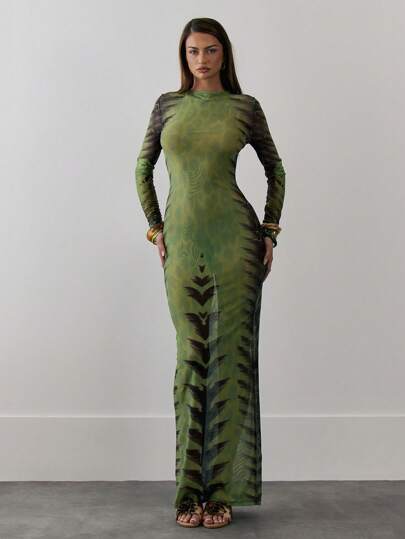 MUSERA Eng anliegendes Maxikleid mit Netzprint, langärmlig, für Urlaub, Frühling, Sommer, sexy, transparent, Strand, Ibiza, Hochzeit, Gast, elegant, Date Night, Sommerlook