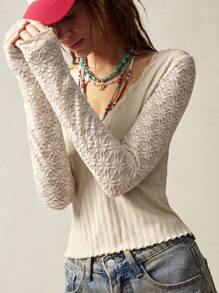 Bohemela Boho 1 Pc Women Fitted V-Neck Long Sleeve Solid Color Knit Blouse - Beige - View 1