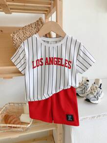 SHEIN 男婴夏季可爱休闲字母条纹短袖上衣和松紧腰短裤套装，适合春夏季日常穿着、上学、旅行和运动 - 紅色 - 查看 8