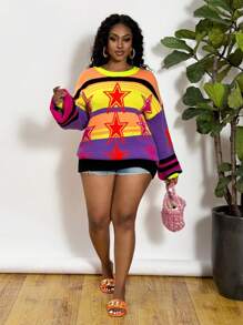 Slaydiva Plus Size Women Colorblock Striped & Star Pattern Sweater, Casual Autumn/Winter - Multicolor - View 4