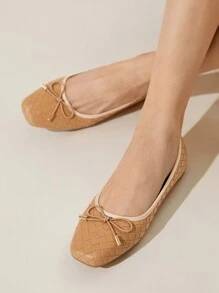 CUCCOO CHICEST Bailarinas cómodas y casuales con lazo y empeine tejido, puntera cuadrada, en color camel y marrón. Hechas de PU tejido, estilo Mary Jane, con un toque retro/vintage/académico/oficina/campus/citas/fiesta