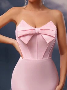 SHEIN Belle Elegant Romantic Spring And Summer Light Pink Satin Bow Decor Tube Dress, Graduation Dress, Wedding, Concert Dress, Vacation Dress, Cute Summer, Ball Dress, Cocktail Dress, Wedding Guest Dress, Party Dress