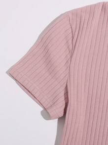 SHEIN EZwear Daisy Embroidered Rib-knit Tee - Dusty Pink - View 4