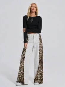 EURMUSE HOCHTAILLIERTE EXTRA WEIT GESCHNITTENE Y2K STREET STYLE LEOPARDEN JEANS - Weiss - Übersicht 3