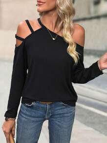 SHEIN LUNE Chất rắn Cổ không đối xứng Cắt ra Áo thun - màu đen - Xem 4