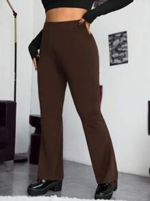 SHEIN EZwear Plus High Waist Black Flare Leg Pants - Brown - View 6