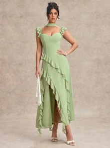 SHEIN BAE 女士春夏绿色 V 领无袖荷叶边优雅雪纺连衣裙，适合约会、婚礼、伴娘 - 綠色 - 查看 1