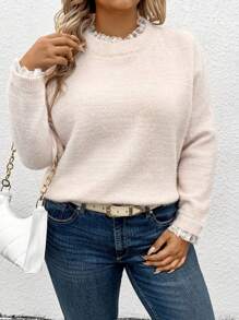 SHEIN CURVE+ Pull ample femme à manches longues avec dentelle contrastée, pull casual en tricot pour l'automne/l'hiver - Nude - Voir 5