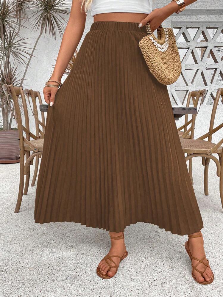 Breezaya Falda plisada de unicolor de ocio, falda maxi plisada bohemia de talla regular y cintura alta para mujer de unicolor, para primavera/otoño, uso casual diario y vacaciones en la playa - Marrón - Añade 3