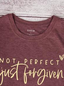 INAWLY Not Perfect Just Forgiven Slogan Graphic Regular Crew Neck Short Sleeve T-Shirt For Women - Redwood - View 5