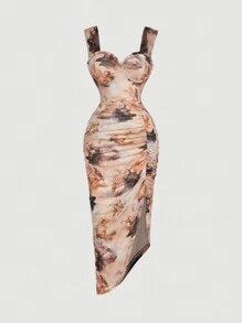 SHEIN MOD Tranh sơn dầu cổ điển in chắp vá xếp nếp eo váy viền trang trí - Màu vàng - Xem 2