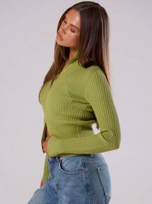 MUSERA Ribbed High Neck Zip Up Cardigan Spring Casual Y2k 90's Airport Comfy Cute Basic Summer Holiday - Mint Green - View 3