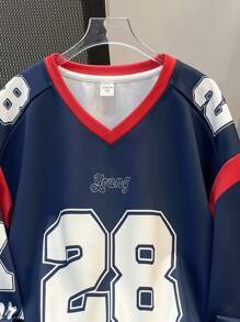 SHEIN Leap Crew Tween Boy Sporty Letter Color Block Graphic Long Sleeve V-Neck Sweatshirt, Suitable For Autumn/Spring, Suitable For Outdoor Play, Sports, School, Street, Party And Leisure, High Cost-Effective - Navy Blue - View 6