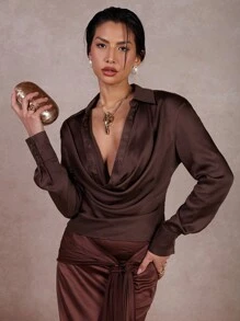 COSMINA Women's Solid Color Off-Shoulder Long Sleeve Elegant Office Shirt