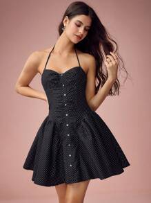 Enchnt Romantic Black Retro Polka Dot Print Sleeveless Button-Down Mini Dress Is Perfect For Spring And Summer. The Neckline Features A Bow, Exuding Sweetness, Elegance, And Sexiness. It's Ideal For Birthdays, Holiday Parties, Romantic Dates, Daily Commutes, Vacations, Graduation Season, Music Festivals, And More – A Perfect Choice For Women's Summer Wear And Carnivals. - Black - View 5