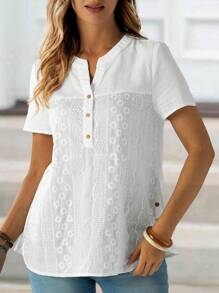 EMERY ROSE Camicia a maniche corte da donna in cotone estiva con scollo a V ricamato, top a maniche corte