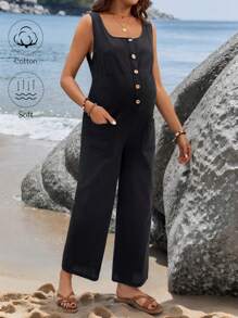 SHEIN Pregnant Women Solid Button Half-Placket Casual Wide Leg Nursing Jumpsuit - Black - View 3