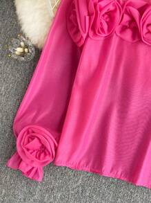 SHEIN Unity Plus Size Elegant Solid Color 3D Floral Decor Lantern Sleeve Blouse - Hot Pink - View 6