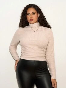 SHEIN Tall CURVE 大码女式高领罗纹针织纹理面料 T 恤 - 黑色 - 查看 4