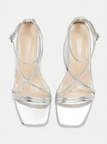 CUCCOO CURVES Wide Fit Women Minimalist Nude-Strap Square Toe Outdoor High Heel Sandals Spring Shoes Spring Break Easter - Metallic Silver - View 9