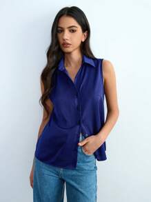 Lumivelle Elegant New Satin Shirt Blouse, Mid-Length Top With Lapel Drapery, Women Fashion Solid Color Sleeveless Turndown Collar Shirt, Office Workwear