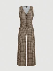 SHEIN MOD Plus Size Plaid Vest & Straight-Leg Pants 2 Pieces Set - Multicolor - View 1