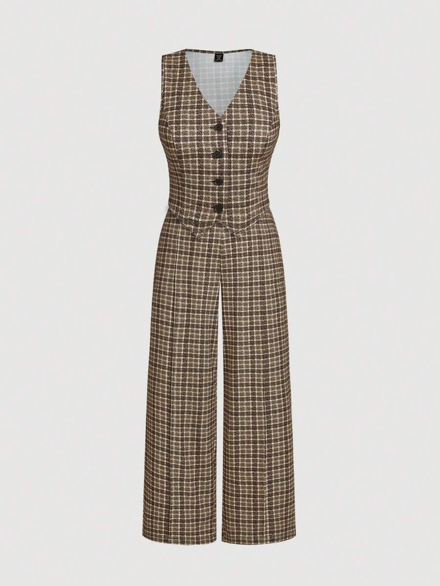SHEIN MOD Plus Size Plaid Vest & Straight-Leg Pants 2 Pieces Set - Multicolor - View 1