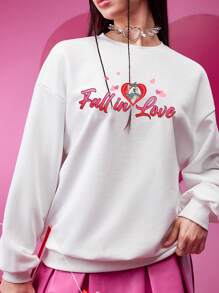 TOM & JERRY X SHEIN Damen Lässig Cartoon Katze & Herz Muster Rundhals Sweatshirt, Herbst - Weiss - Übersicht 3