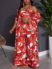 Slaydiva 3pcs Plus Size Women's Tropical Plant Print Loose Vacation Beach Set - Red - View 3