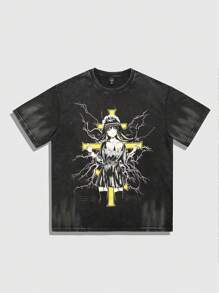 ROMWE MEN Men Anime Vintage Inspired Character Graphic Print Short Sleeve T-Shirt , Street Style - Black - View 1