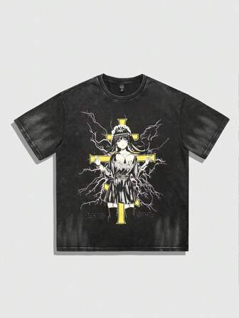 Anime Camiseta de manga corta para hombre con estampado gráfico de personaje de estilo vintage, estilo callejero