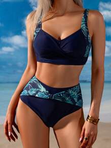 Swim Lushoire Women Tropical Print Patchwork Swimwear Set, Beach Vacation For Summer Beach Vacation - Multicolor - View 4