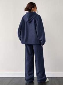 SHEIN EZwear 海军蓝保暖内衬宽松落肩连帽衫和阔腿运动裤两件套 - 藏蓝色 - 查看 2