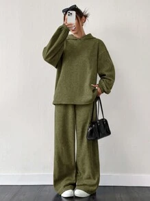 SHEIN EZwear 2pcs/Set Oversized Olive Green Thermal Lined Hoodie Sweatshirt And Wide Leg Sweatpants Sage Green Outfit Co Ords Sets Women Knit Set Olive Green Outfit Women Comfortable Two Piece Set,Fall,Fall Clothes For Women - Army Green - View 5