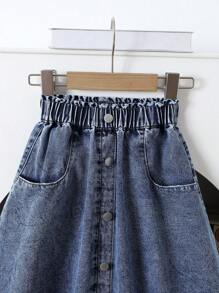 SHEIN 年轻女孩休闲口袋牛仔雨伞裙，女童春夏休闲度假乡村波西米亚风服装，女童沙滩装