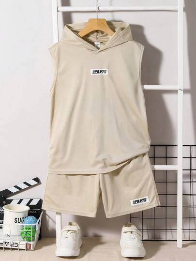 SHEIN 2pcs Tween Boys Oversized Letter Print Hoodie & Casual Shorts Set, Sports Style