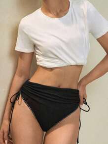 SHEIN Swim Summer Women's Simple Sexy Beachwear Bottom With Unique White Edging Design - Black - View 1