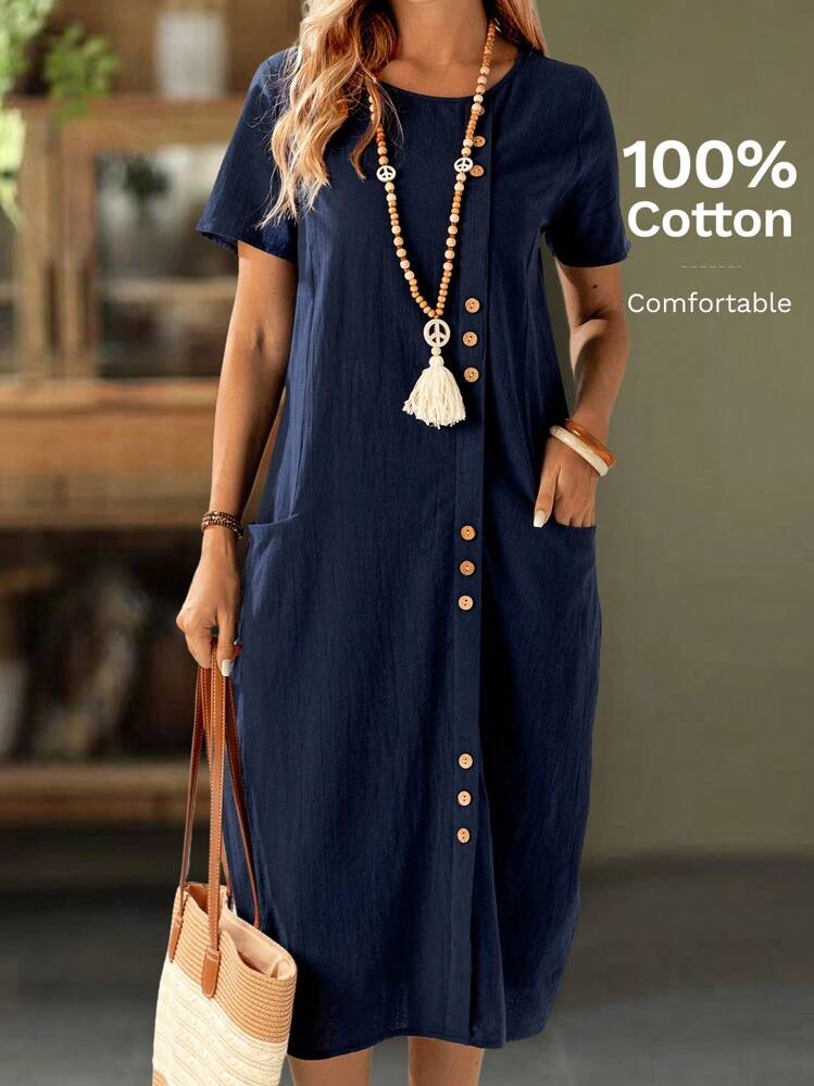 Vacation Casual Solid Color Front Button Dual Pocket Dress - Blue - View 1