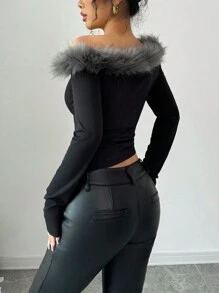 Selianne Áo thun nữ mùa thu xếp nếp bất đối xứng vai chắp vá mềm mại - màu đen - Xem 2