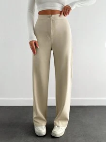 EURMUSE Women's Solid Color High Waist Straight Loose Casual Pants - Beige - View 4