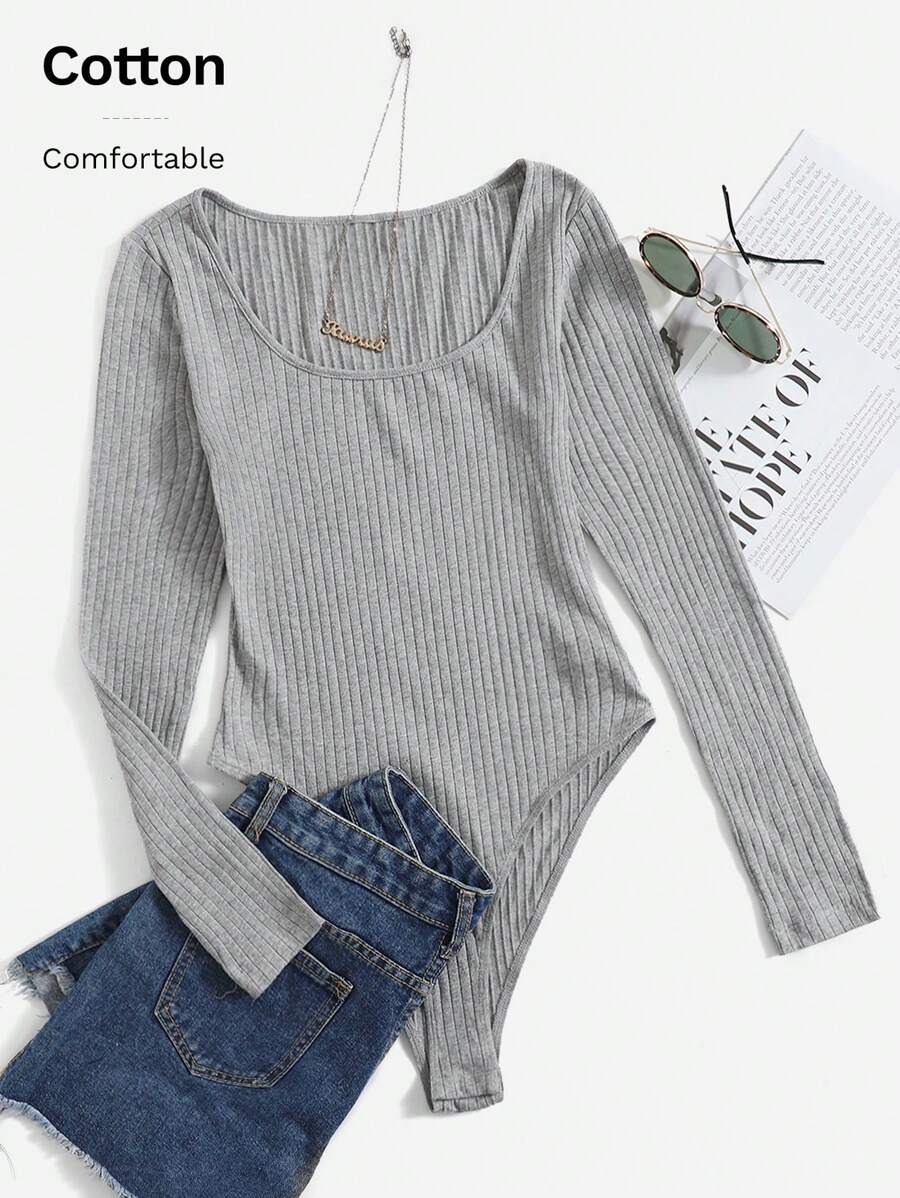SHEIN EZwear Solid Ribbed Knit Bodysuit - Light Grey - View 1