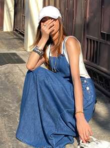 DAZY 女式休闲简约超长牛仔连衣裙，返校服装 - 藍色 - 查看 2